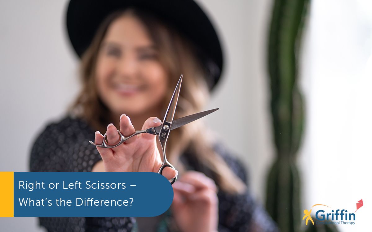lady holding left handed scissors and text saying right or left scissor what's the differece