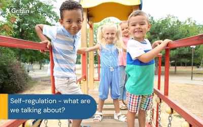 children on playground equipment smiling text: self-regulation what are we talking about